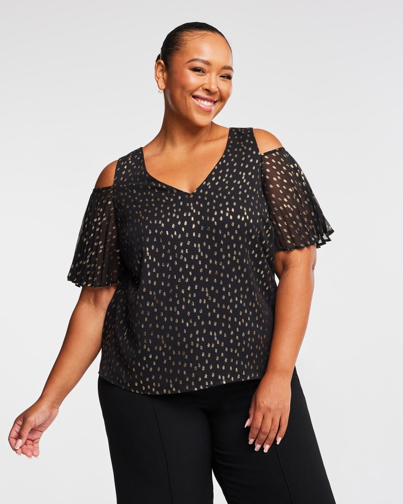 Front of a model wearing a size 18W Gold Dust Top in Black/Gold by Estelle. | dia_product_style_image_id:302141